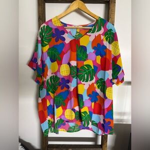 Tropical Pop Colorful Floral Print V-Neck Top